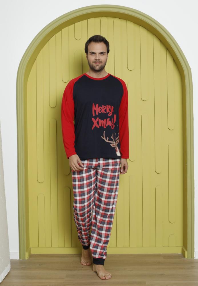 Pijama barbati Craciun "Meryy Xmas" maneca lunga ,pantaloni lungi,Culoare Rosu, Engros